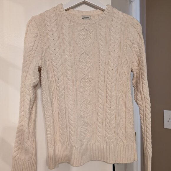 L.L. Bean Womens Double L Cable Knit Crewneck Sweater Bone Small NWOT - Picture 2 of 8
